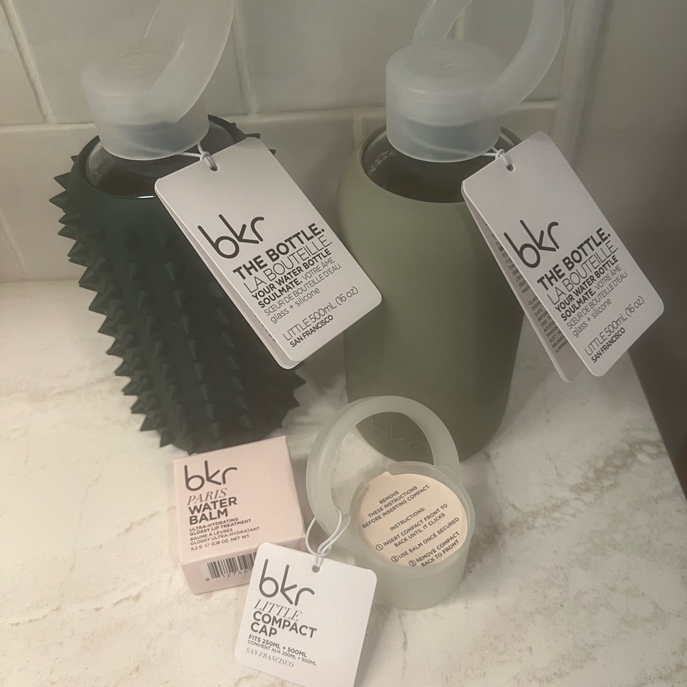 2 bkr glass bottles 16oz spiked everly and aspen w compact cap and lip balm